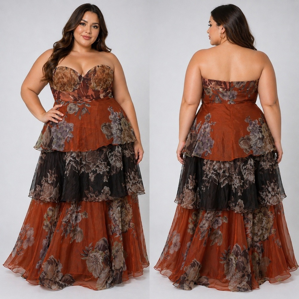 Geisha Designs Martina Floral Strapless Gown Brown Tiered Maxi Dress Boho 3X